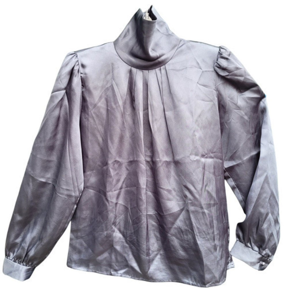 Vintage 80s David Benjamin Satin High Collar Drape Neck Puffy Shoulder‎ Blouse